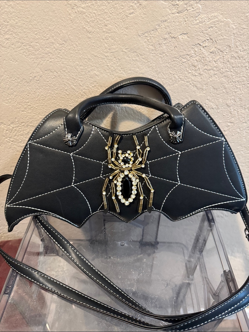 Black Bat Wing Spider Embellished Women's Handbag
